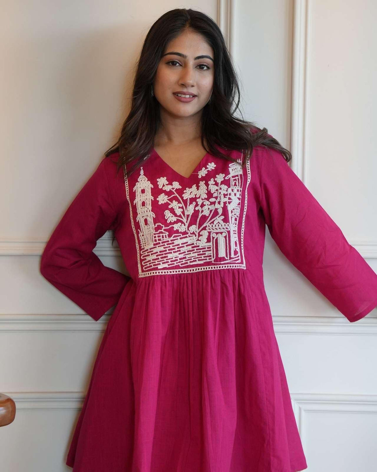 Women's Cotton Embroidered Short Anarkali Kurti with pant