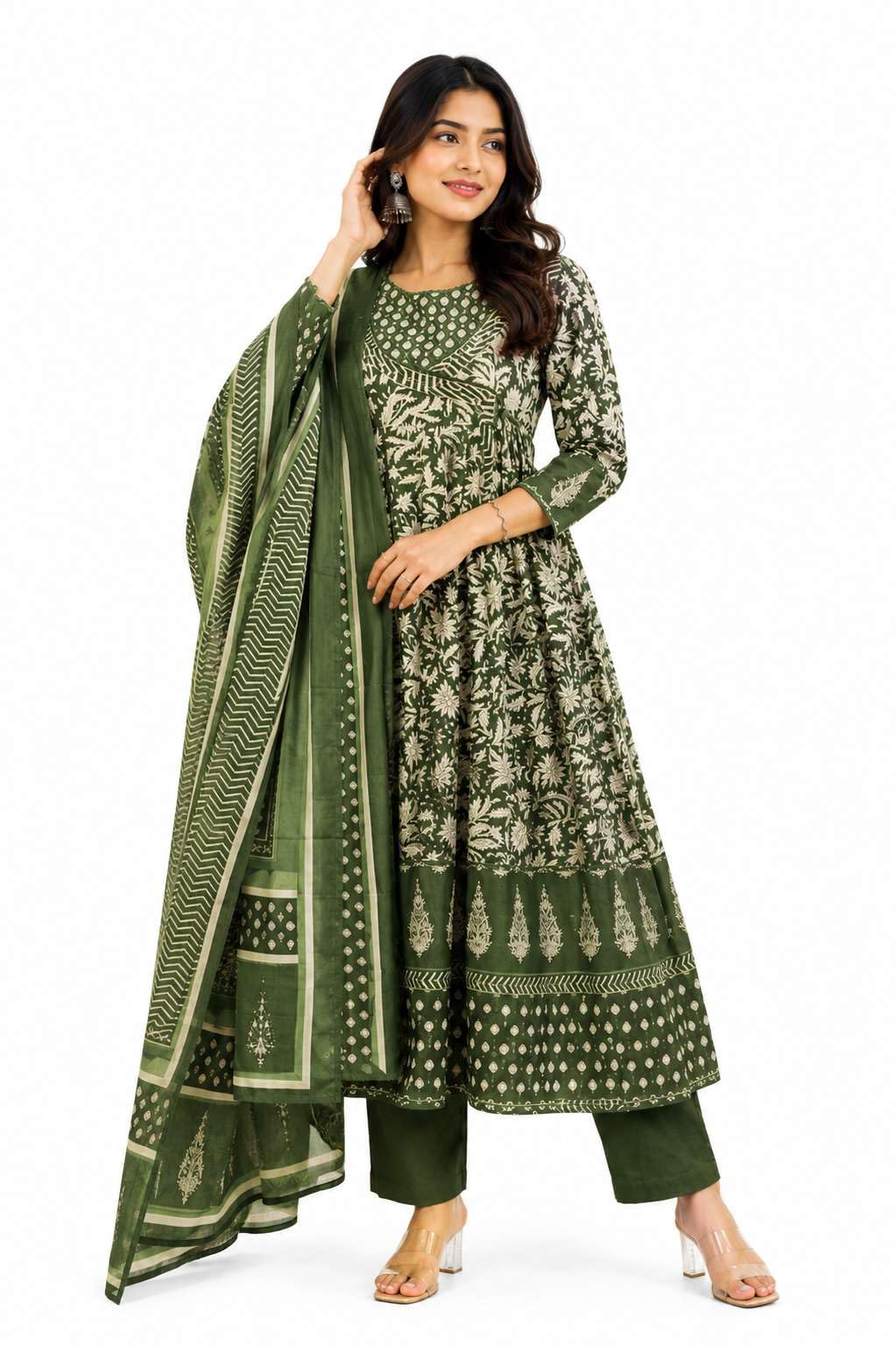Women's Cotton Floral Printed Anarkali Kurti With Pant and Mulmul Dupatta Set