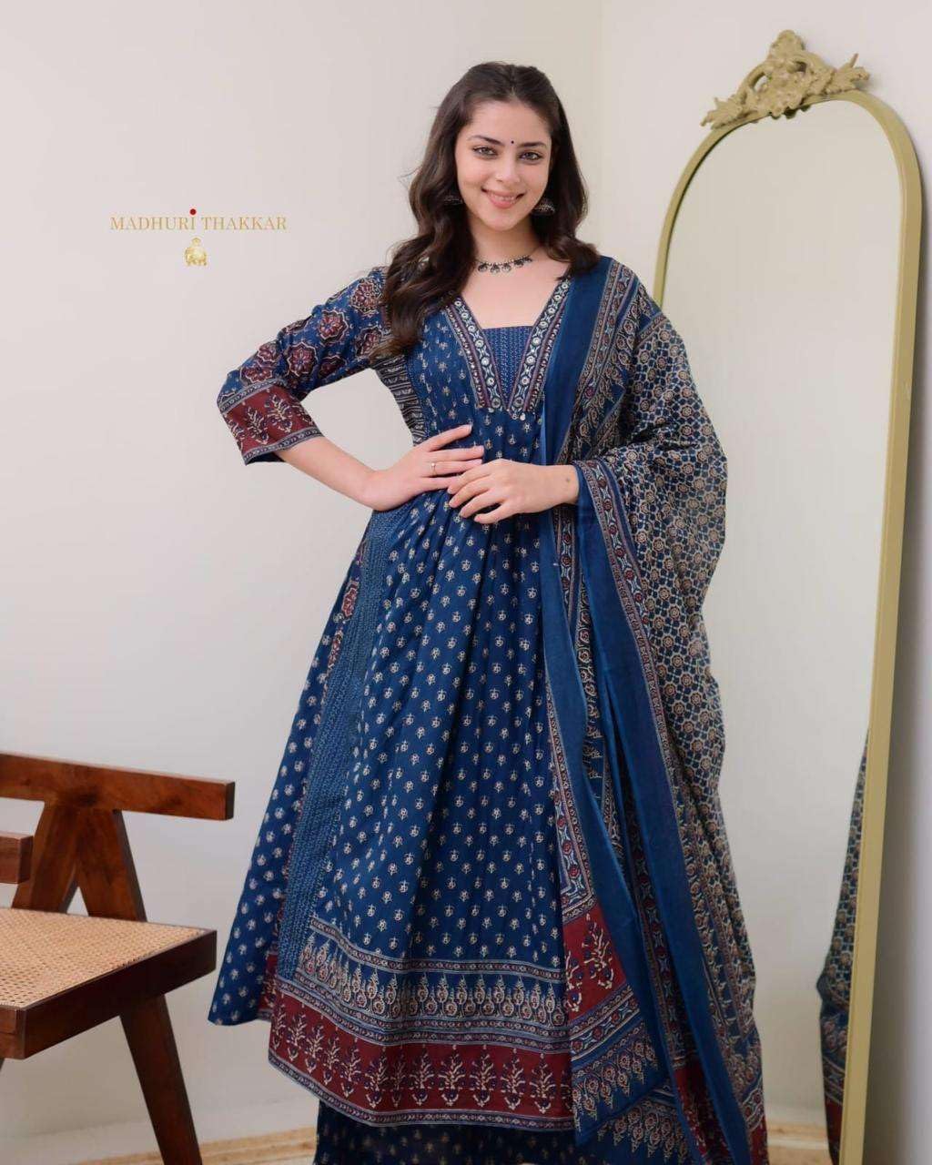 Women's Cotton Printed A Line Premium Kurti with Pant and Dupatta set