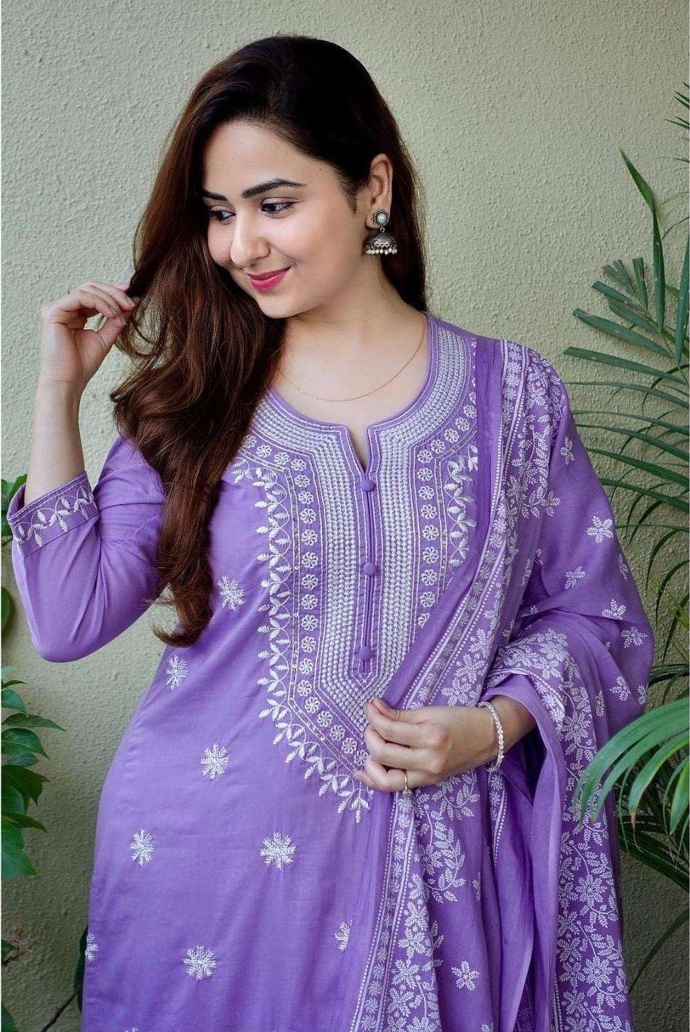 Women’s Cotton Floral Printed Straight Kurti With Pant and Dupatta (Lavender)
