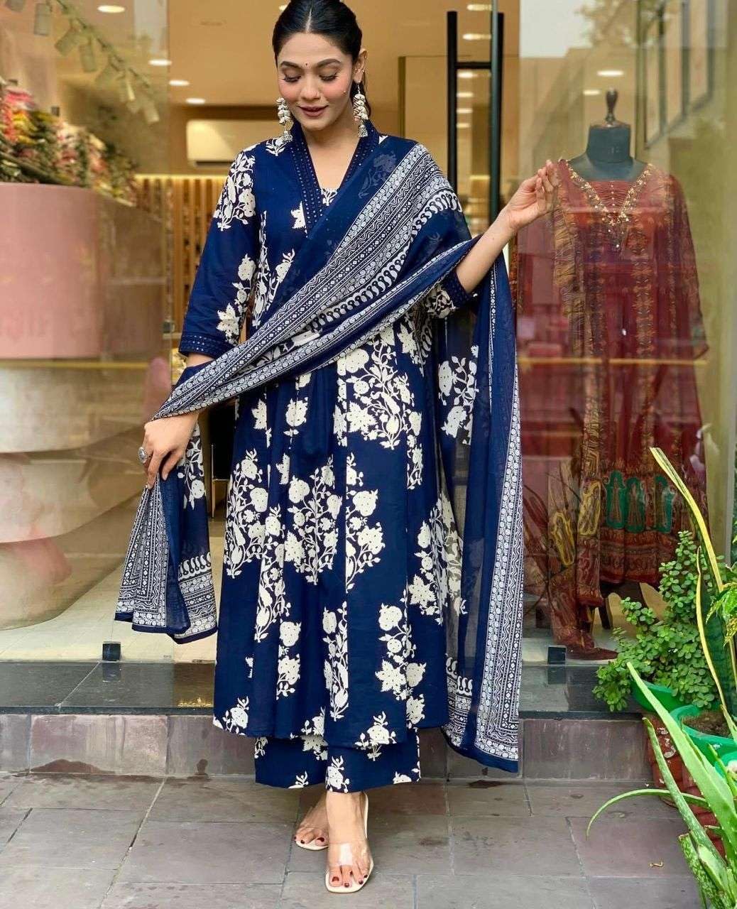 Women's Cotton Jaipur Hand Block Print Anarkali Kurti with Pant and Printed Dupatta Set (Navy Blue)