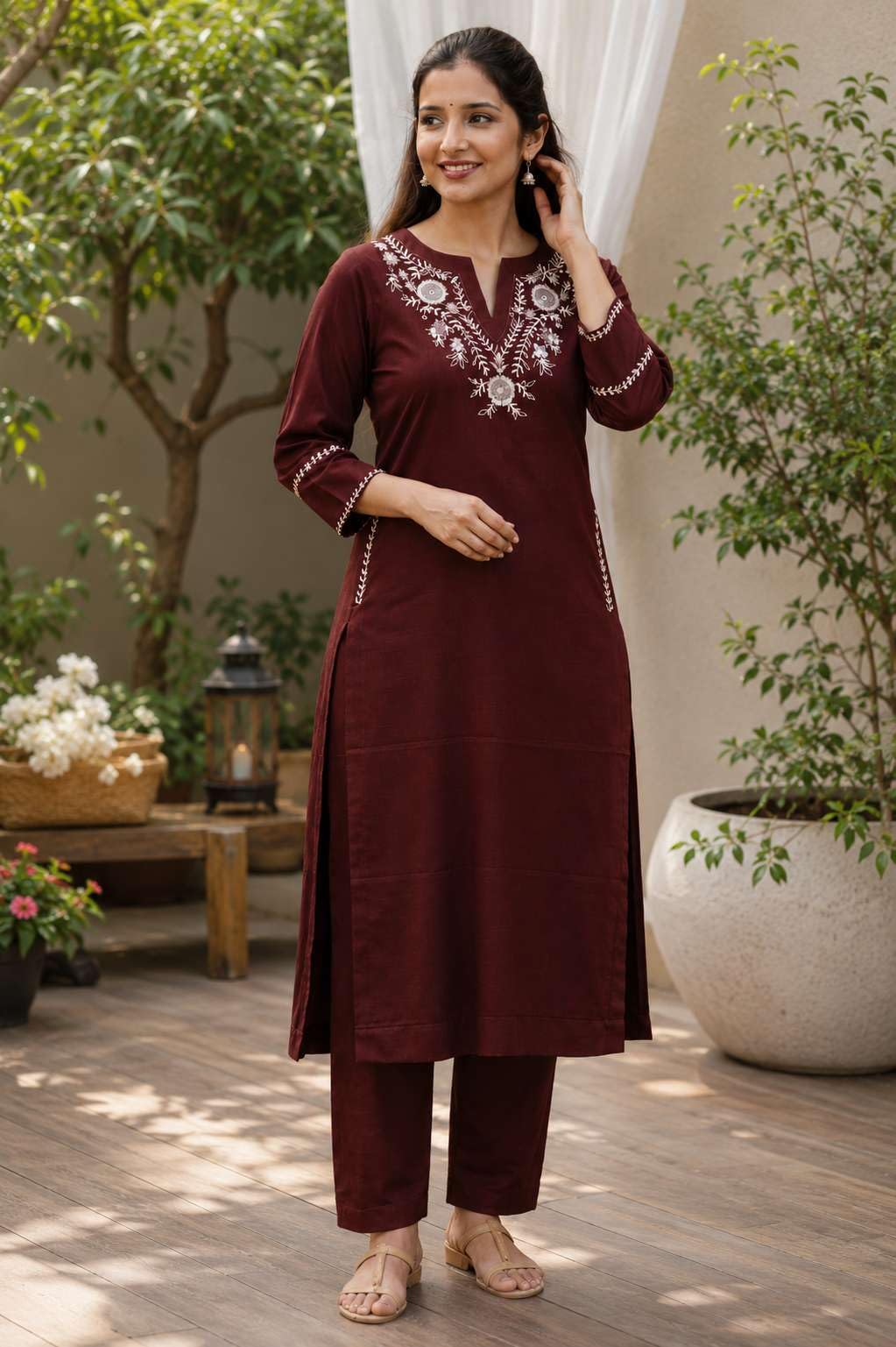 Women's Cotton Embroidered  Straight Kurti With Pant