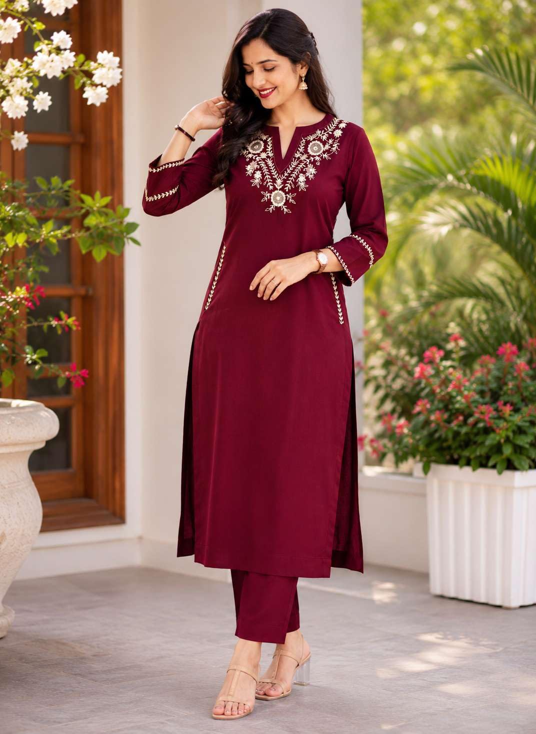 Women's Cotton Embroidered  Straight Kurti With Pant