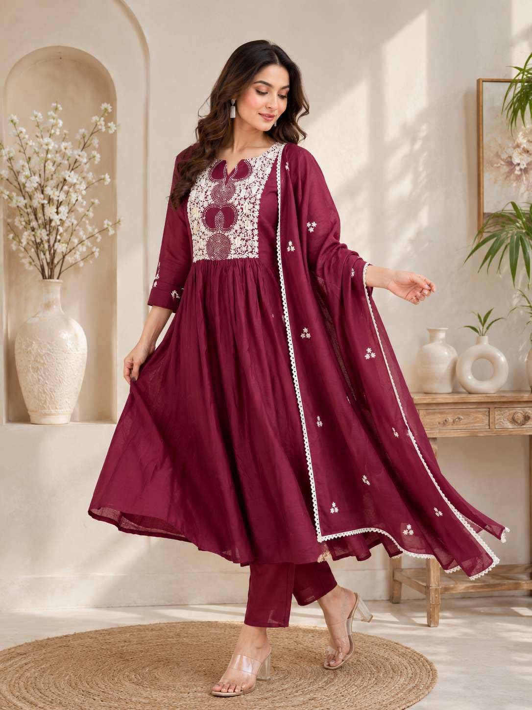 Women's Cotton Printed Anarkali Kurti With Pant and Mulmul Dupatta Set