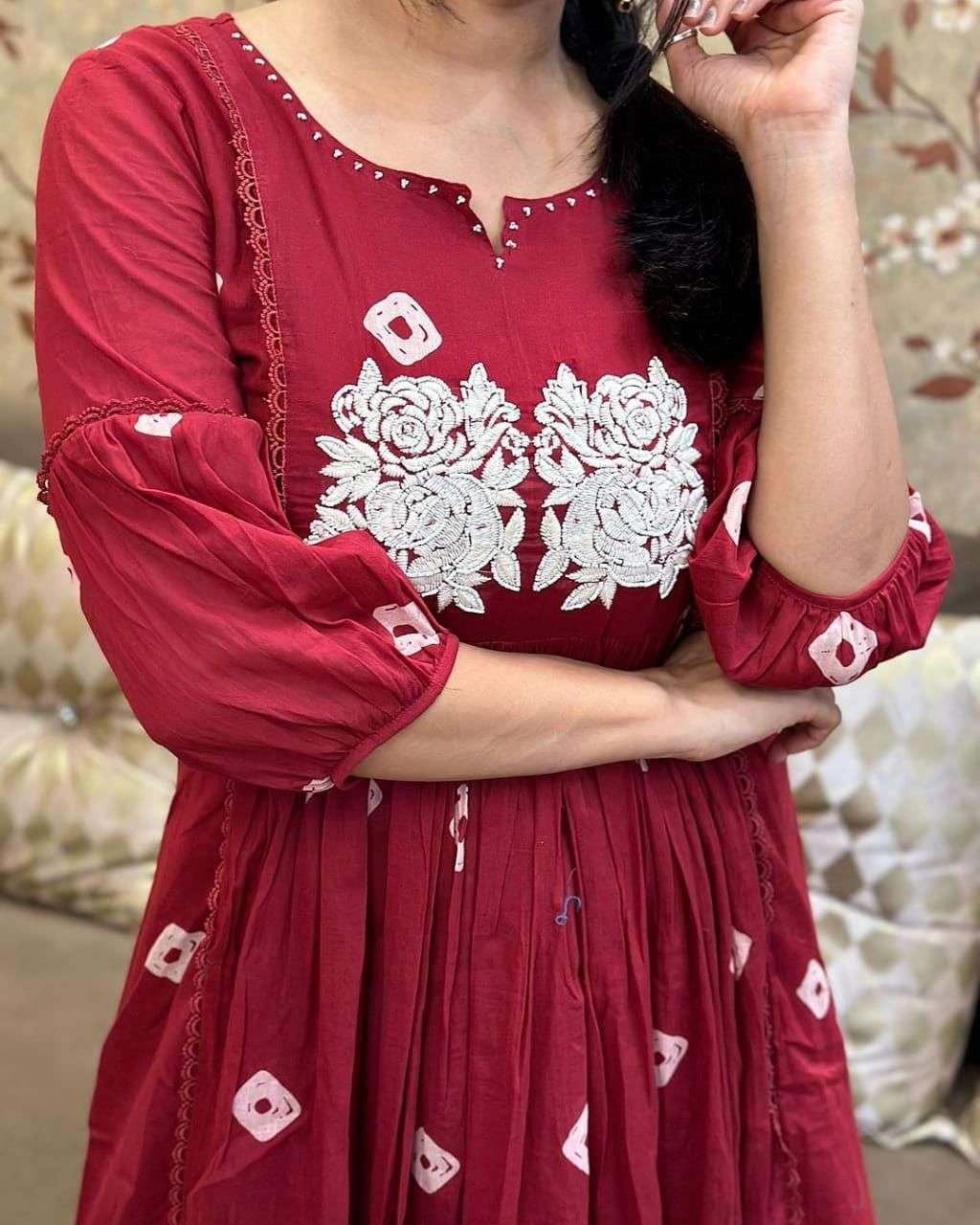 Women's Cotton Printed Long Anarkali Kurti With Pant