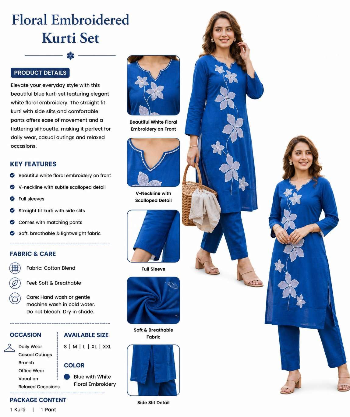 Women's Cotton Floral Printed Straight Kurti With Pant - UG-09