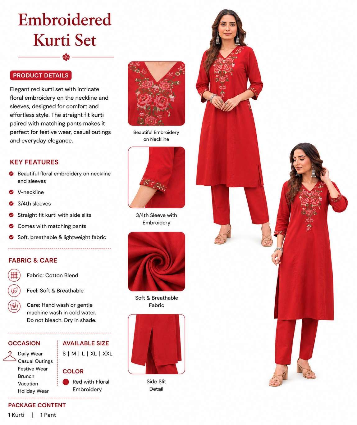 Women's Cotton Floral Embroidered  Straight Kurti With Pant
