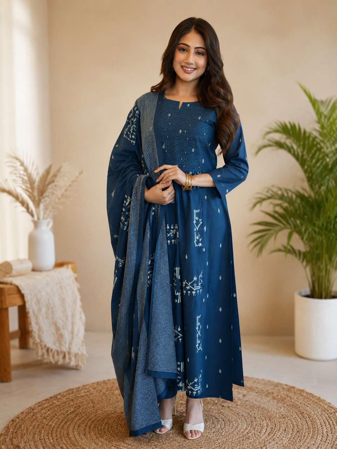 Women's Cotton Embroidered Anarkali Kurti With Pant Set