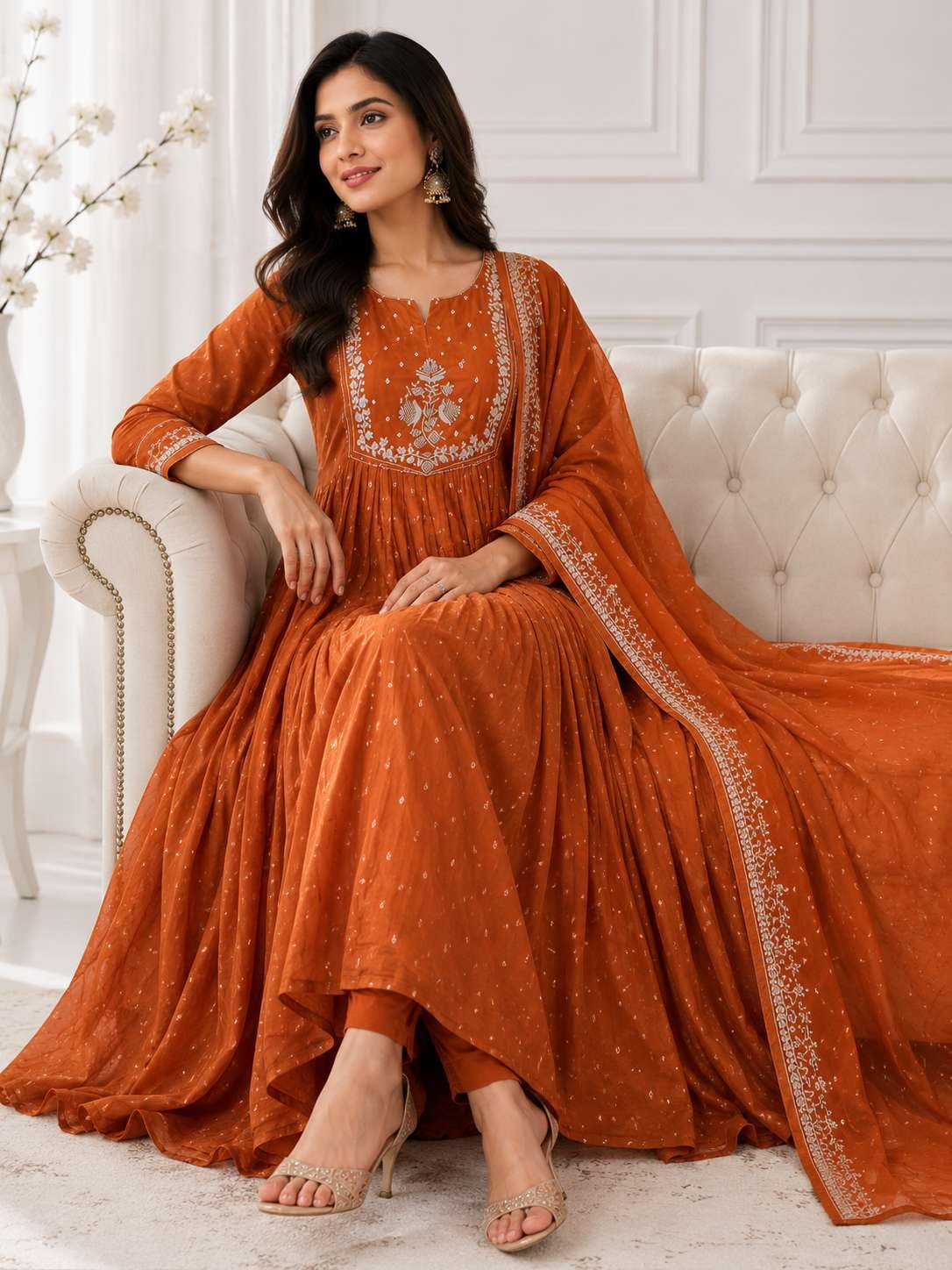 Women's Cotton Embroidery Anarkali Kurti and Pant with Dupatta Set