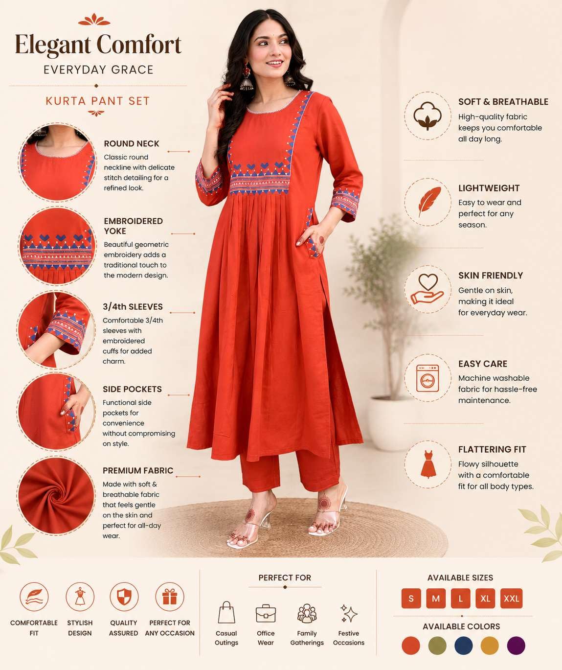 Women's Rayon Embroidered A-Line Kurti With Pant Set