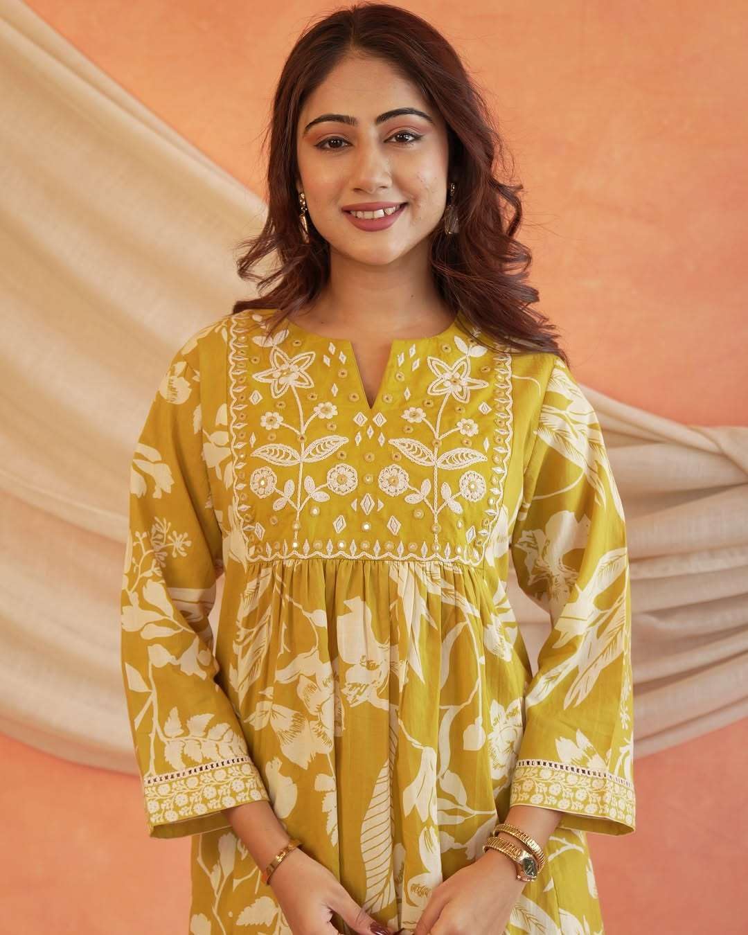 Women's Cotton Printed Anarkali Kurti with Pant and Dupatta Set