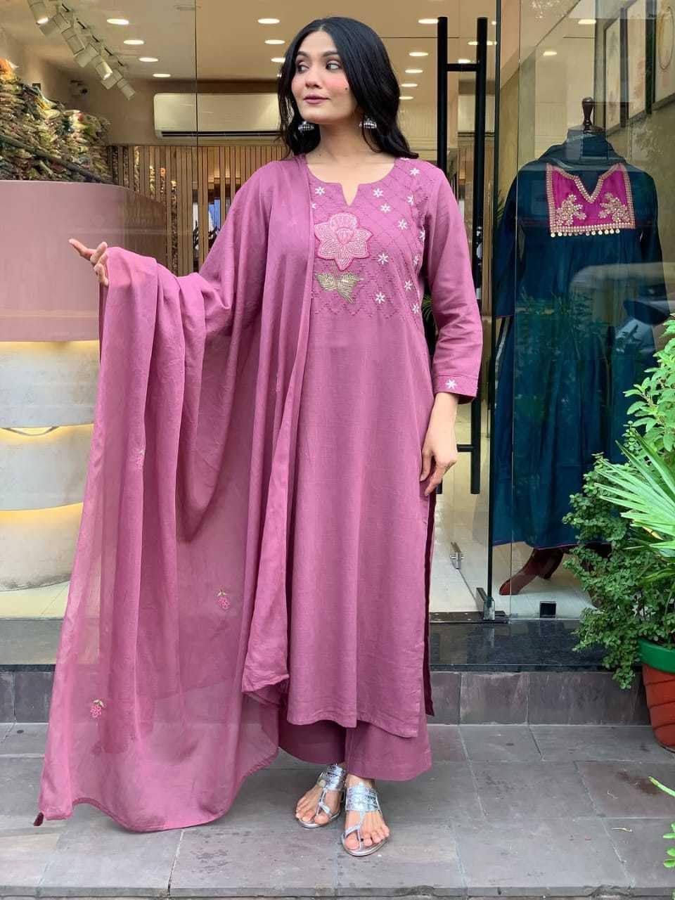 Women's Cotton Floral Printed Straight Kurti With Pant and Dupatta Set (Purple)