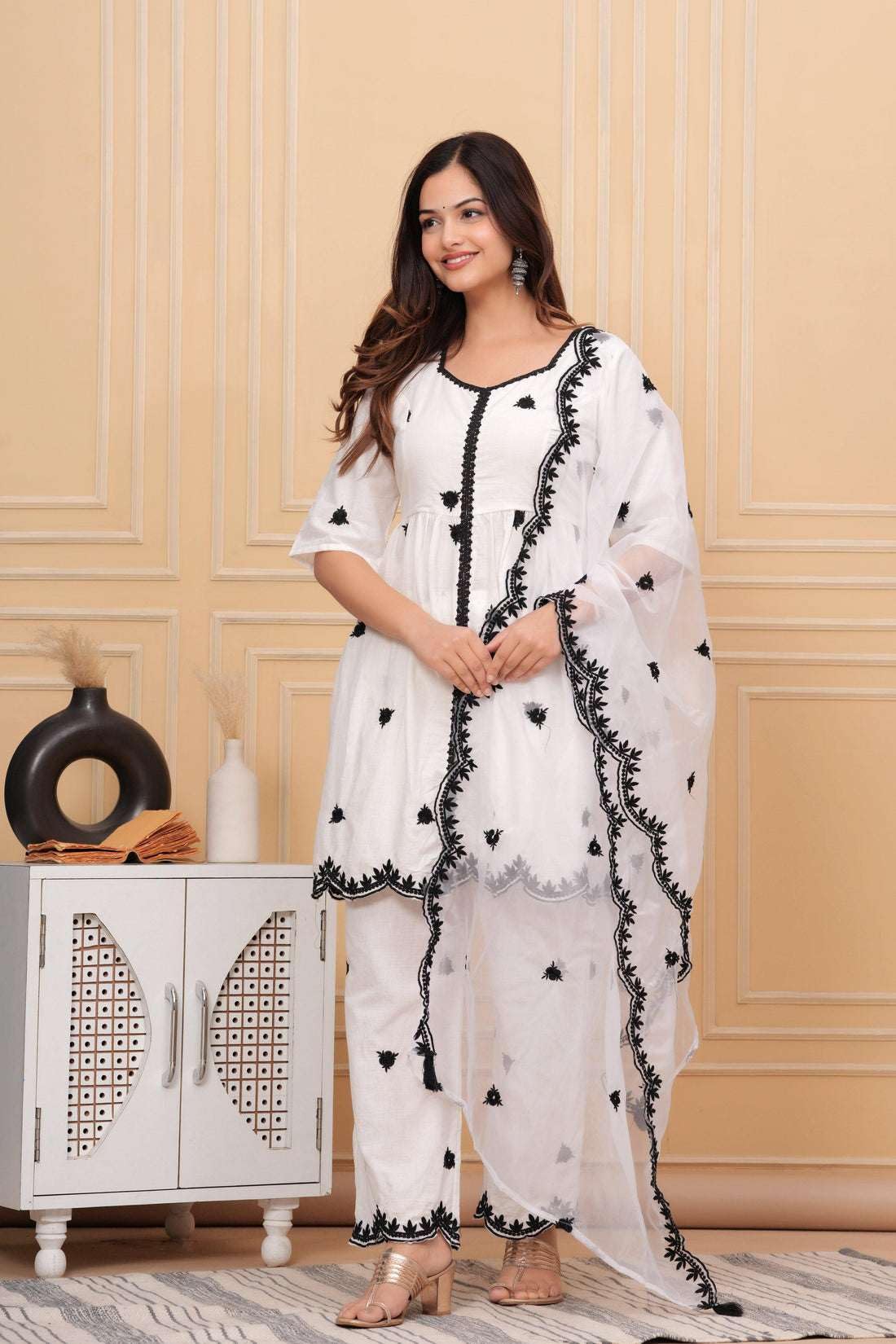 Women's Cotton Embroidery Work Straight Kurti with pant and Dupatta Set