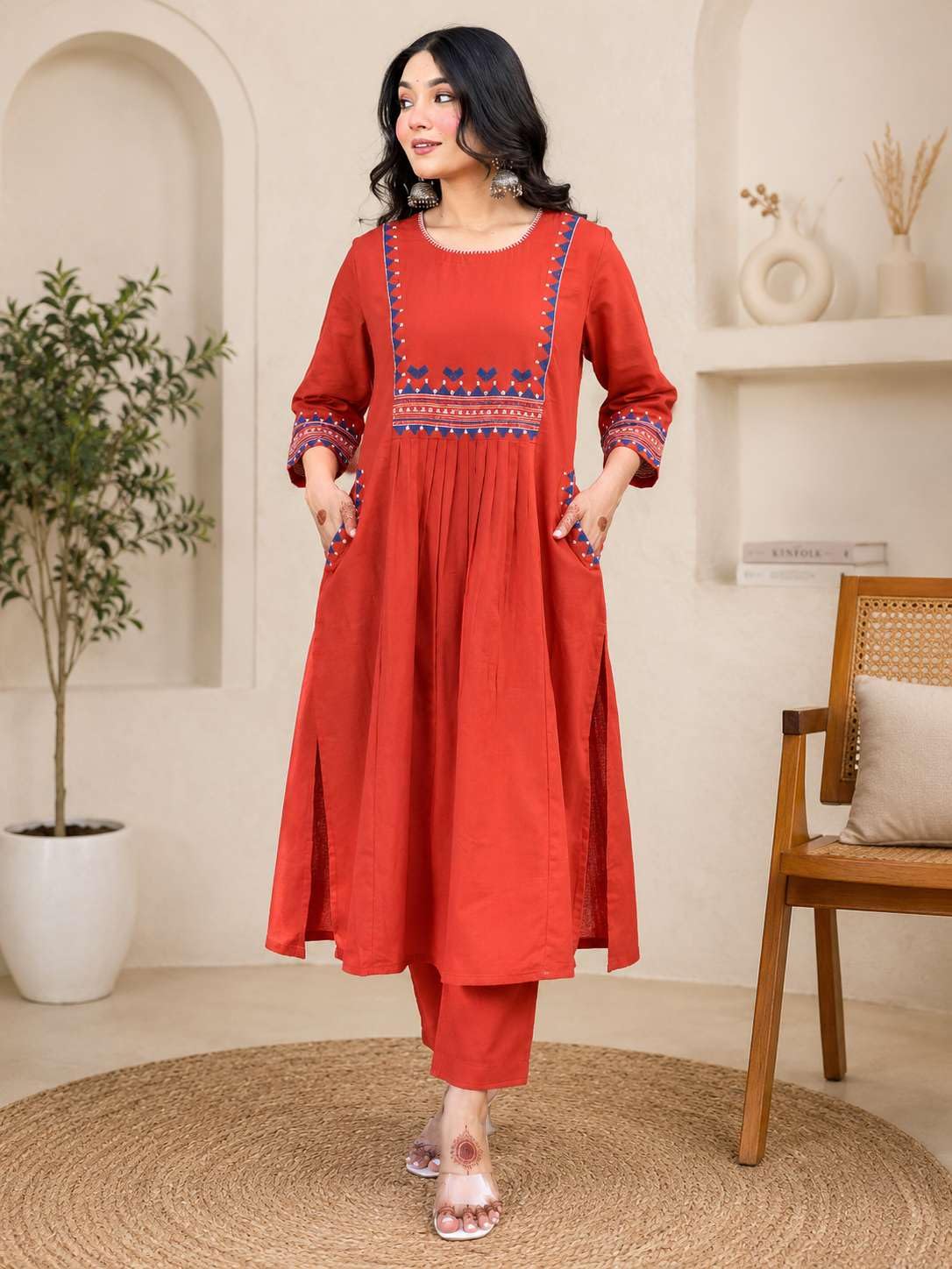 Women's Rayon Embroidered A-Line Kurti With Pant Set