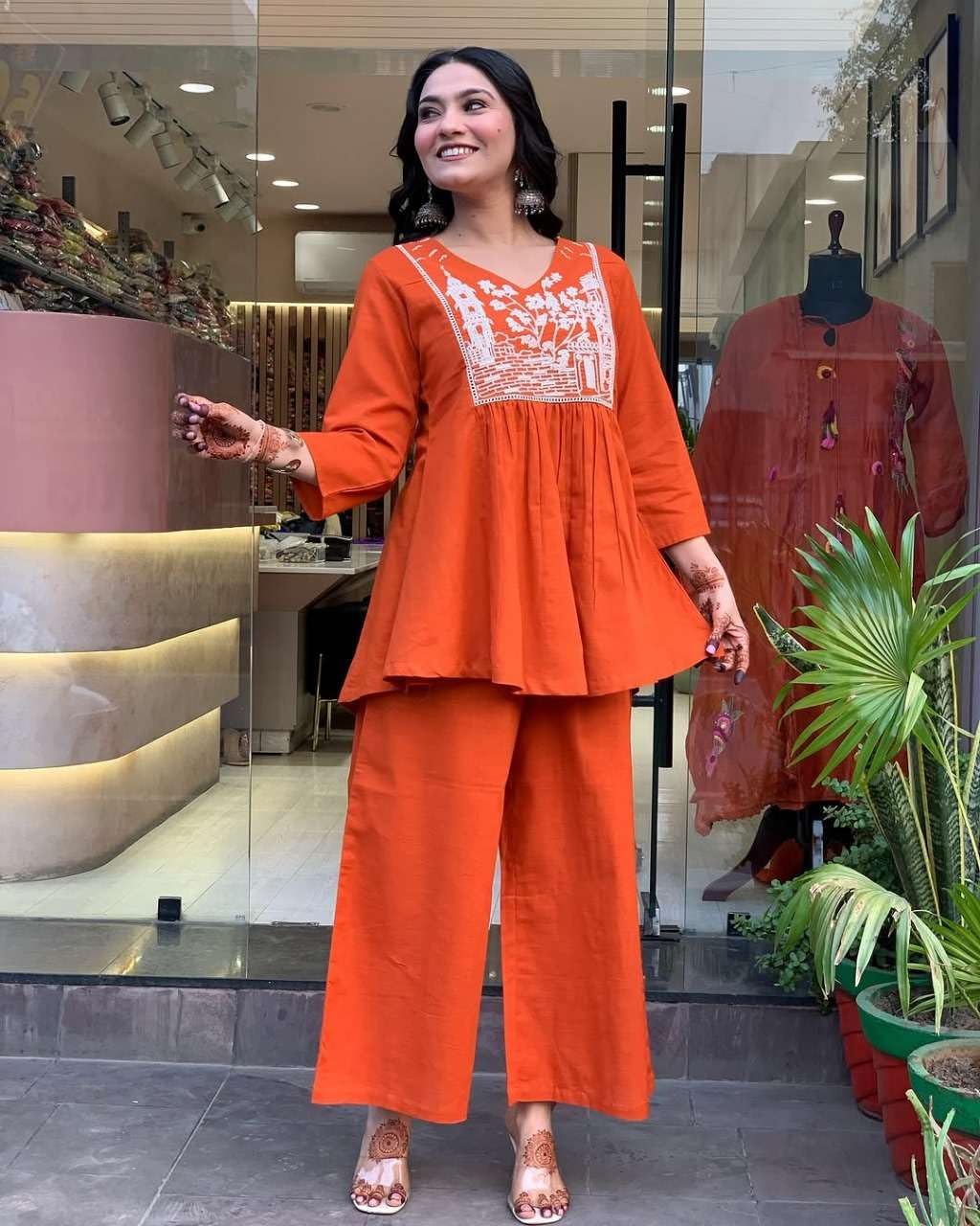 Women's Cotton Embroidered Flared Kurta With Pant Set