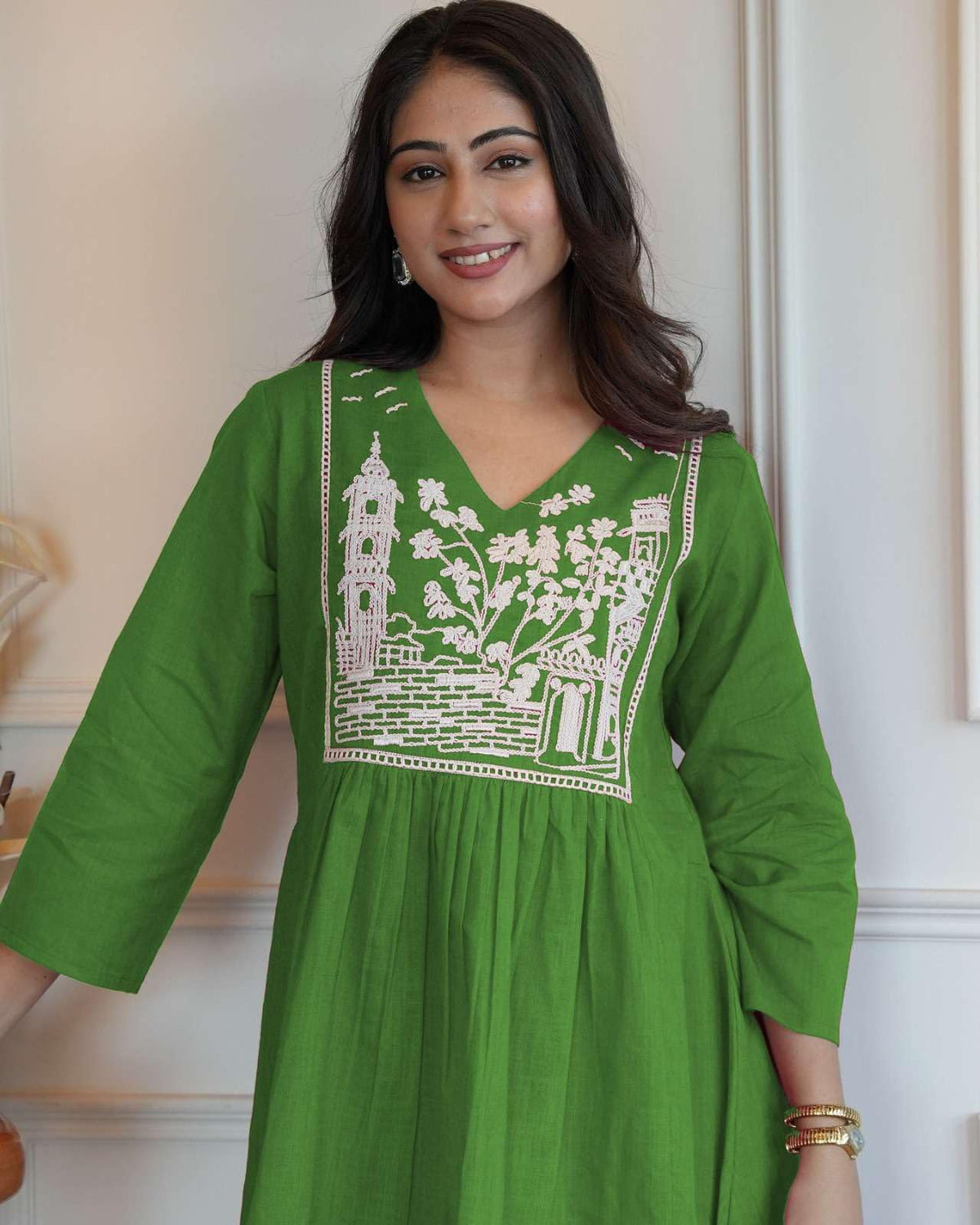 Women's Cotton Embroidered Short Anarkali Kurti with pant