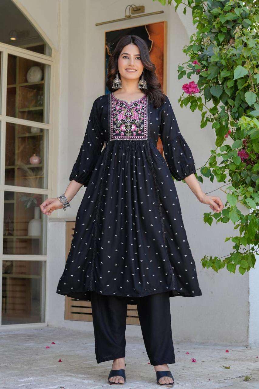 Women's Cotton Embroidered Anarkali Kurti With Pant And Dupatta Set