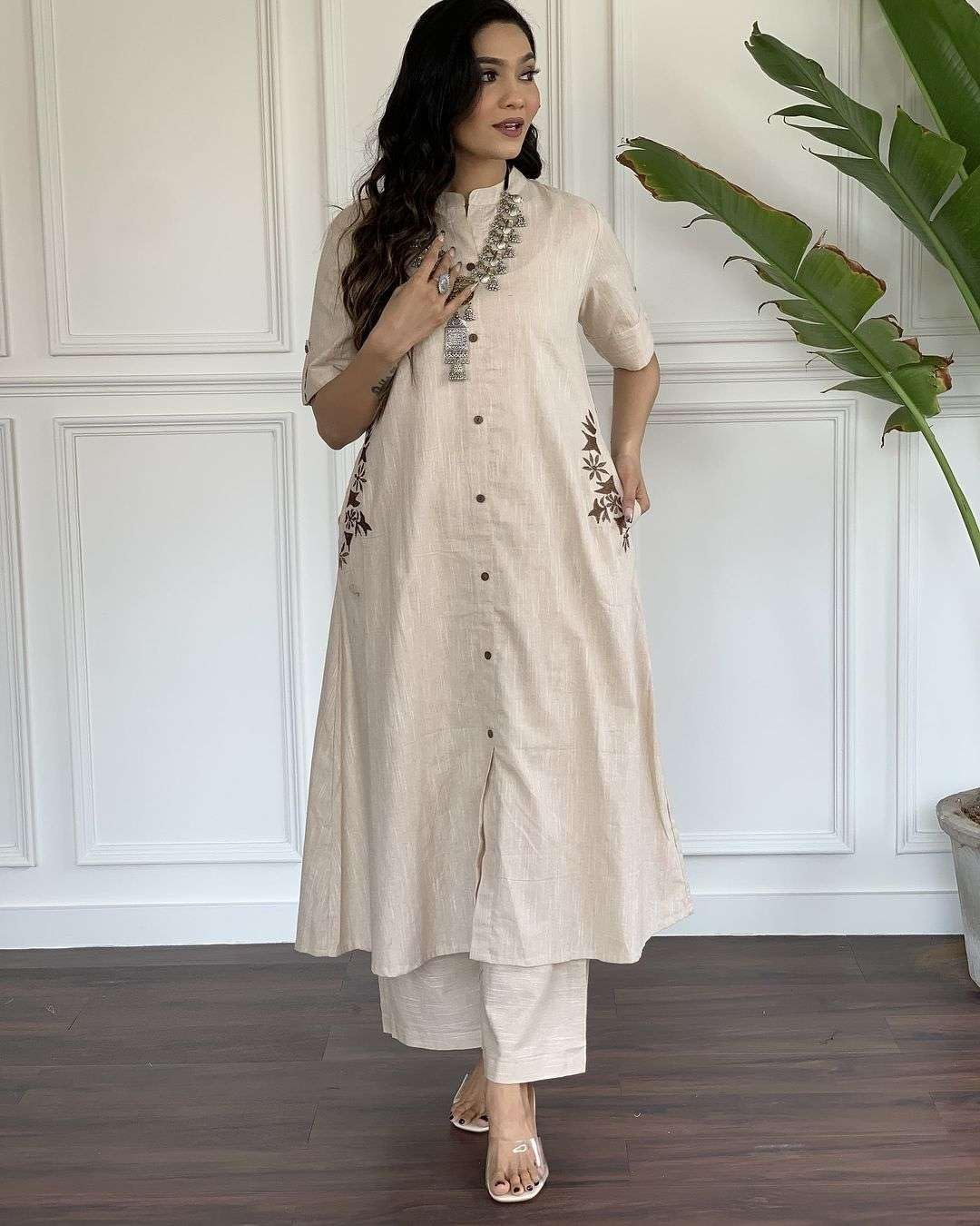 Women's Cotton Embroidered A-Line Kurti With Pant
