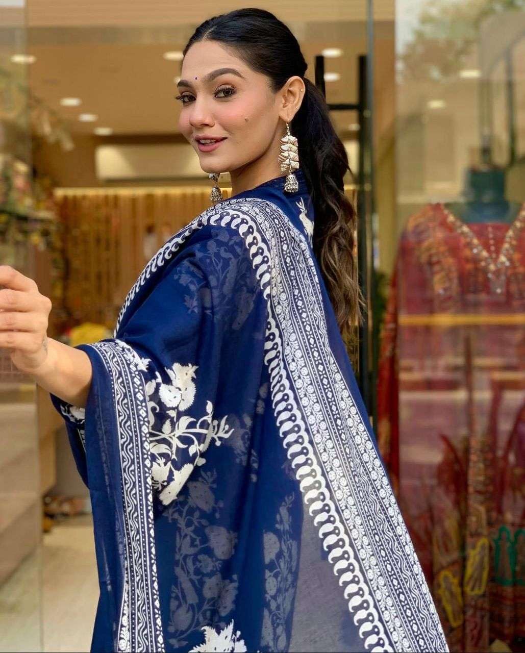 Women's Cotton Jaipur Hand Block Print Anarkali Kurti with Pant and Printed Dupatta Set (Navy Blue)
