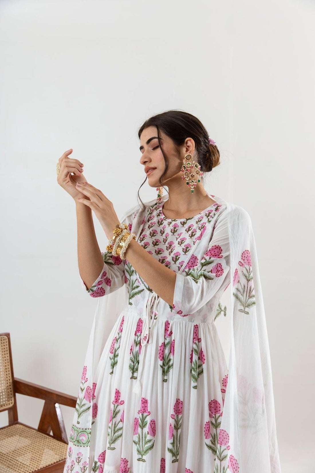 Women's Cotton Floral Printed Long Anarkali Kurti with Pant and Dupatta