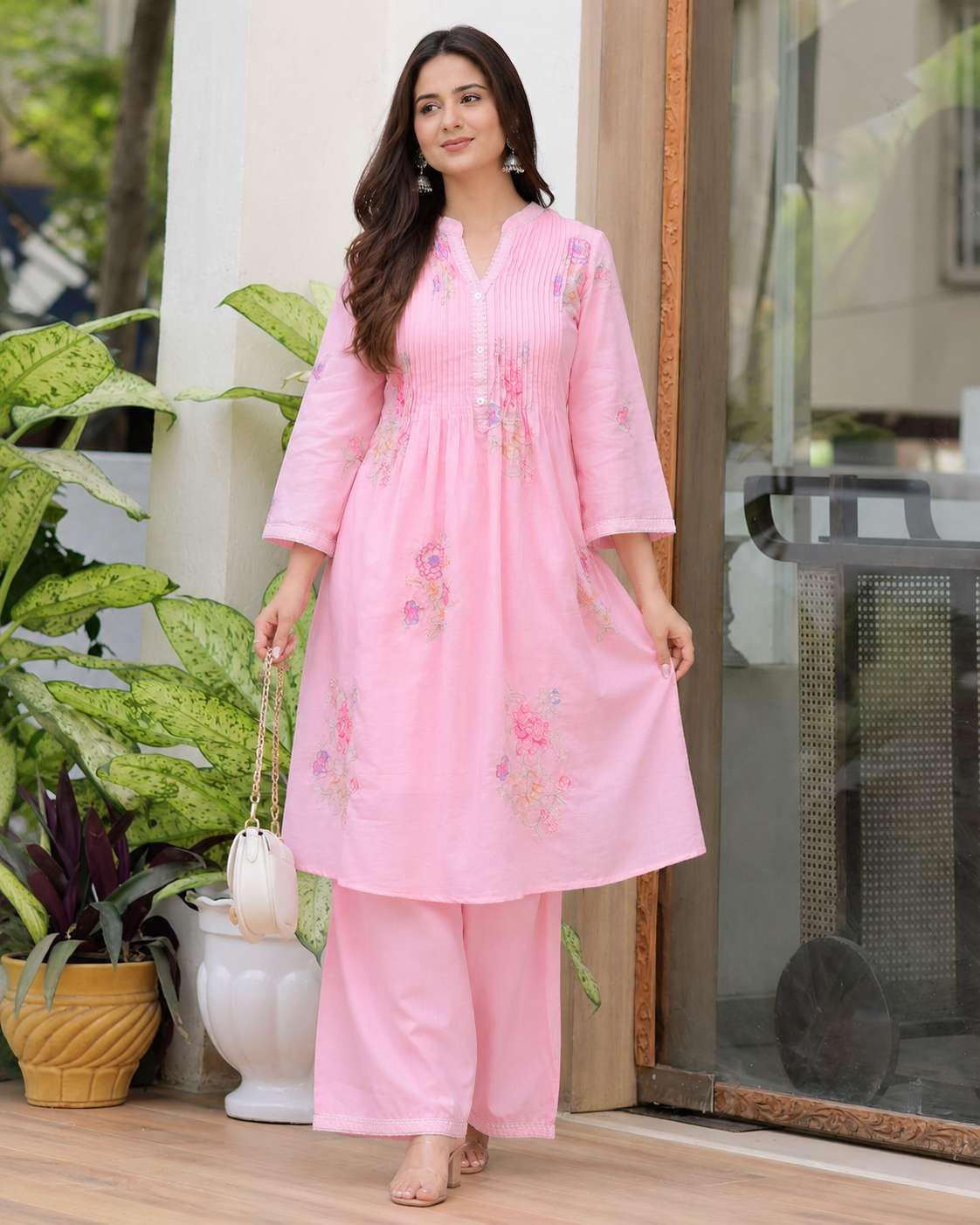 Women's Cotton Embroidery A-Line Kurti With Pant Set