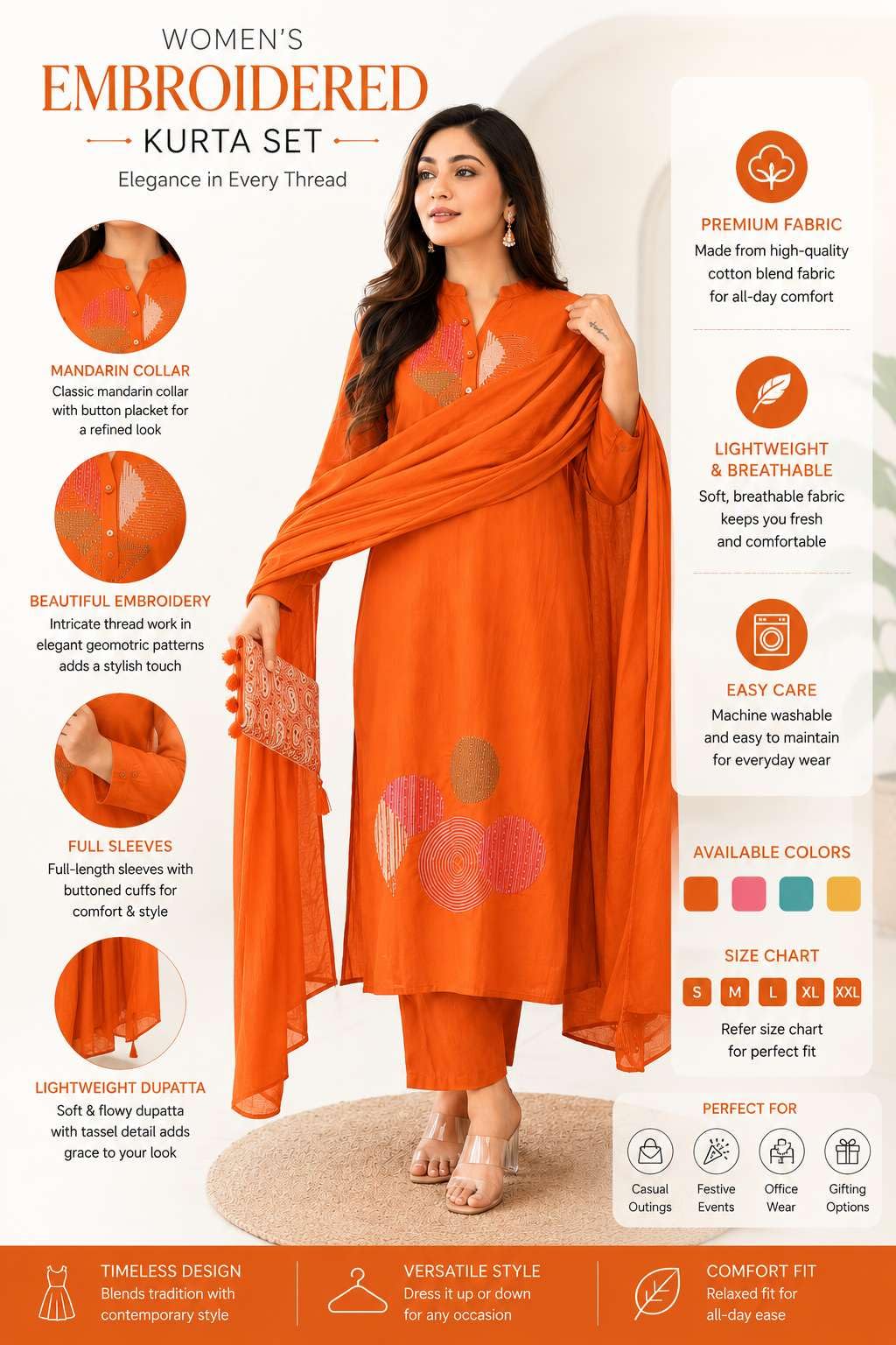 Women's Cotton Embroidery Straight Kurti Pant With Dupatta Set