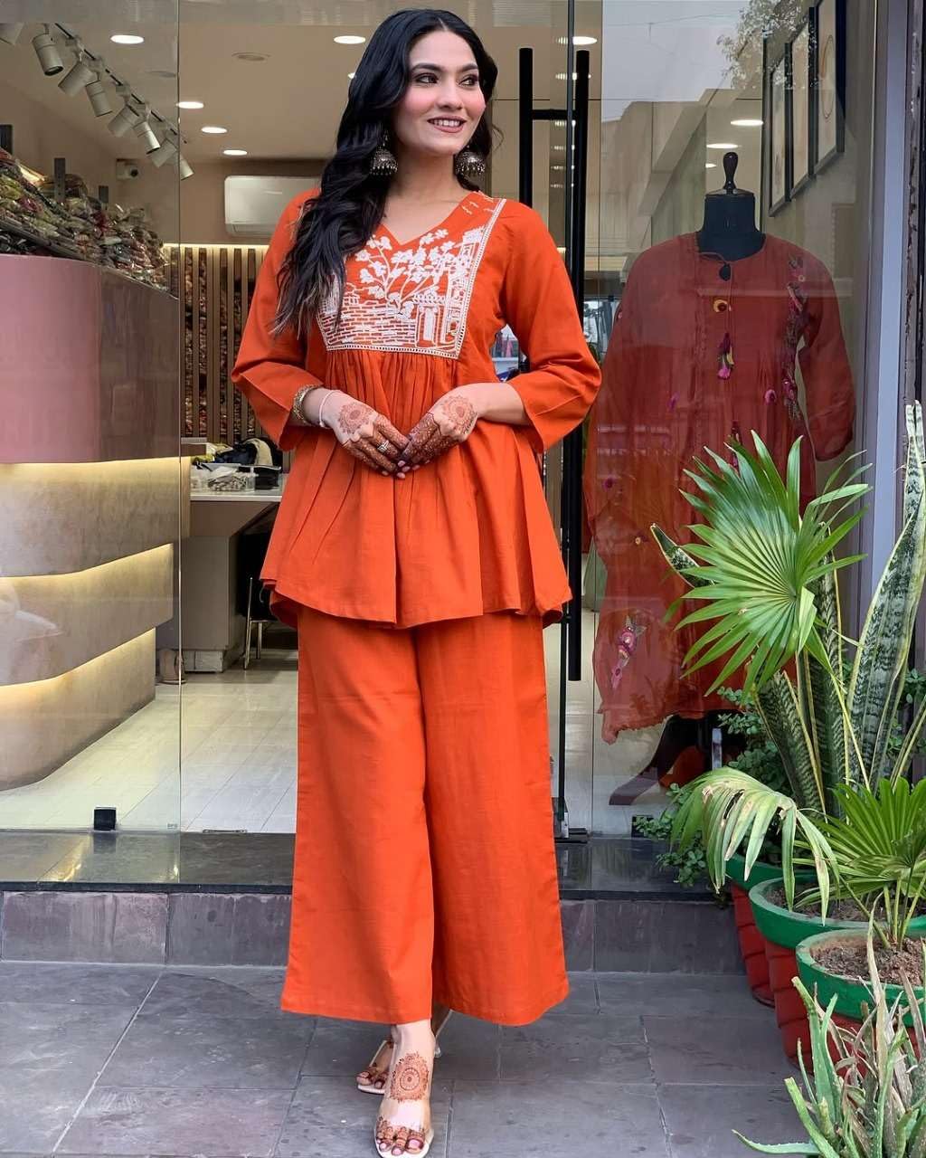 Women's Cotton Embroidered Flared Kurta With Pant Set