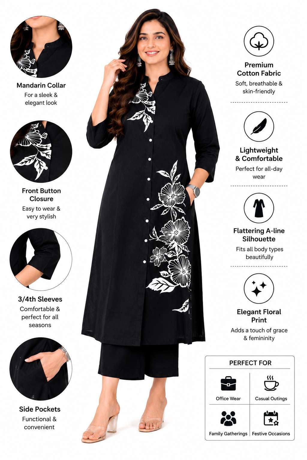 Women's Cotton Floral Printed Straight Kurti With Pant Set