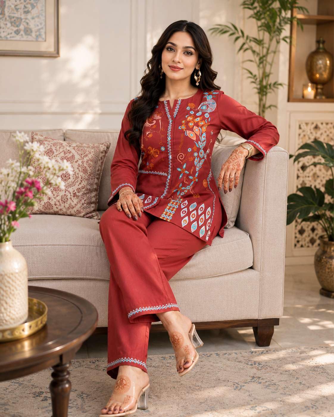 Women's Cotton Embroidery Straight Kurti With Pant Set