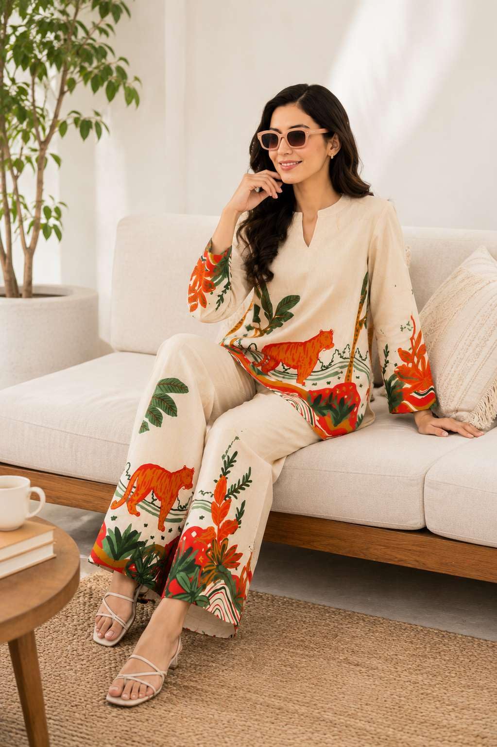 Women's Cotton Floral Printed Straight Short Kurti With Pant Set