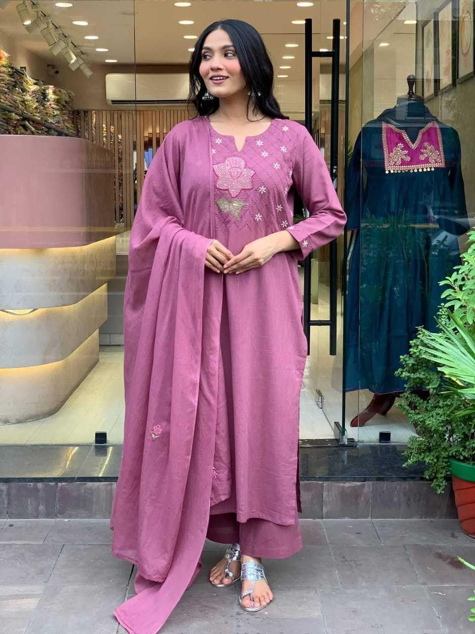 Women's Cotton Floral Printed Straight Kurti With Pant and Dupatta Set (Purple)