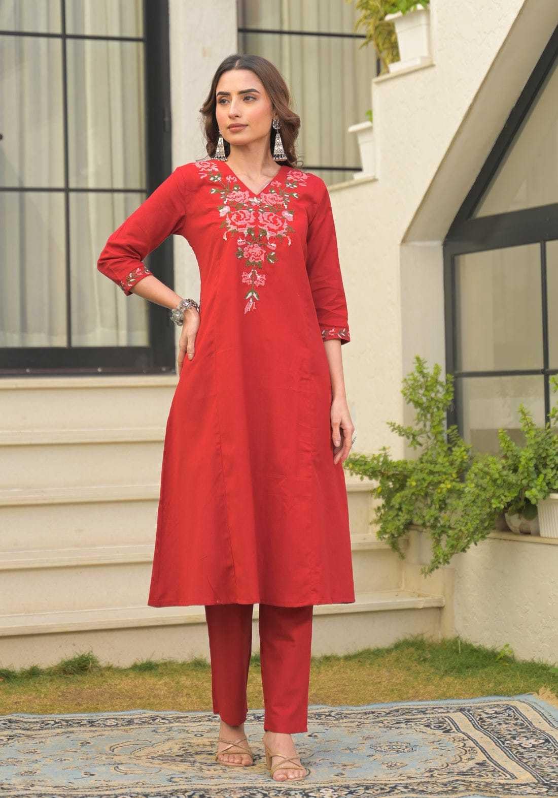 Women's Cotton Floral Embroidered  Straight Kurti With Pant