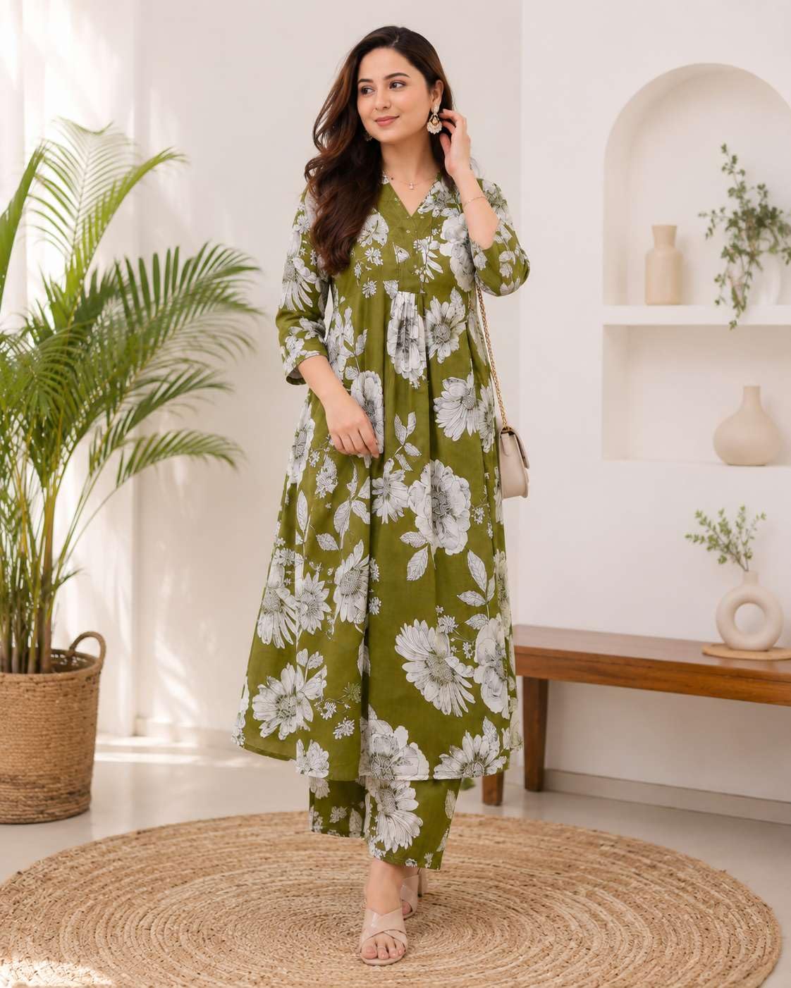 Women's Cotton Floral Printed Straight Kurti With Pant Set