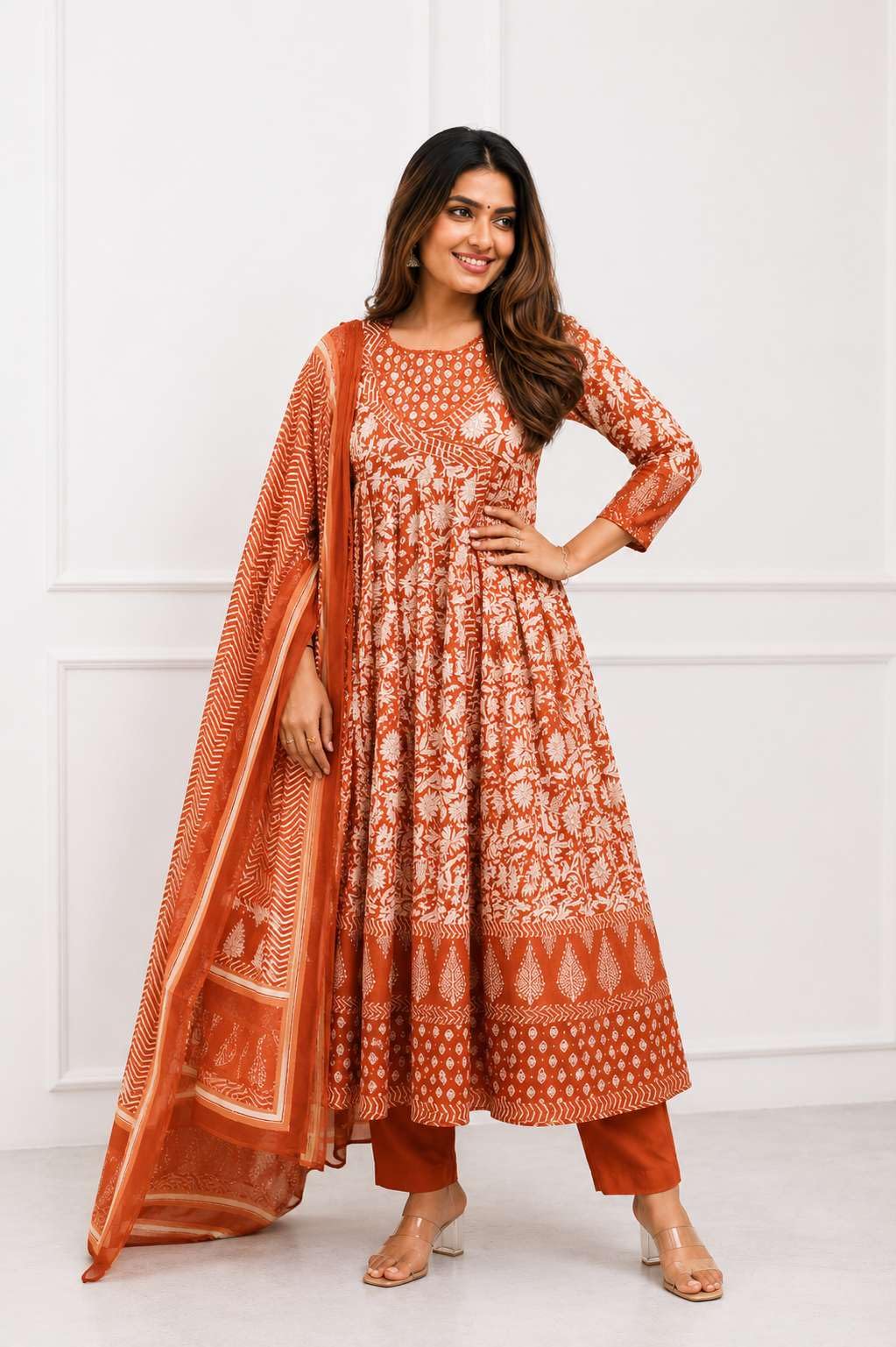 Women's Cotton Floral Printed Anarkali Kurti With Pant and Mulmul Dupatta Set