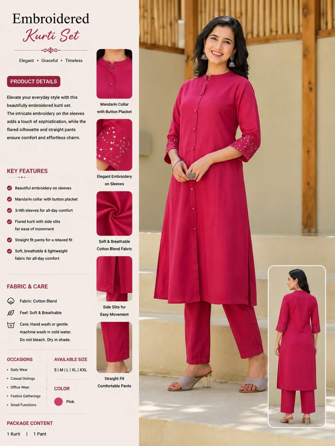 Women's Cotton Solid Flared Straight kurti with Pant