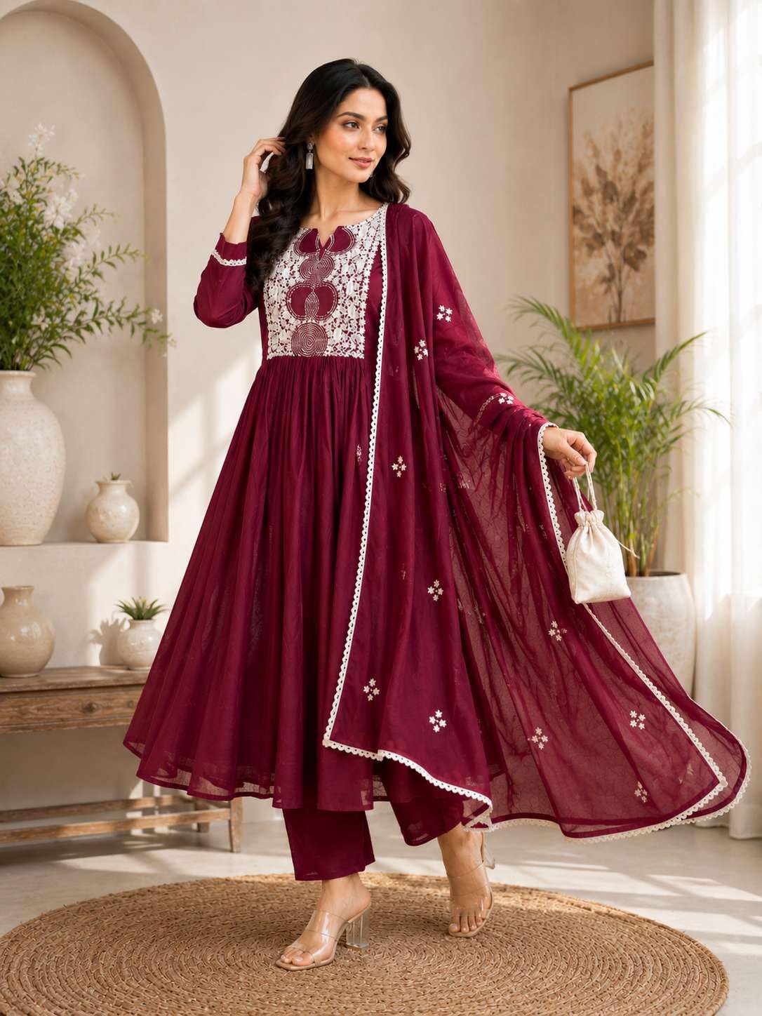 Women's Cotton Printed Anarkali Kurti With Pant and Mulmul Dupatta Set