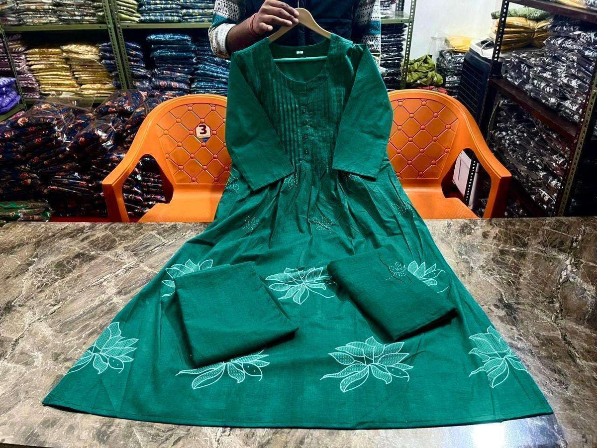 Women's Cotton Embroidery Floral Printed Long Straight Kurti With Pant And Dupatta Set
