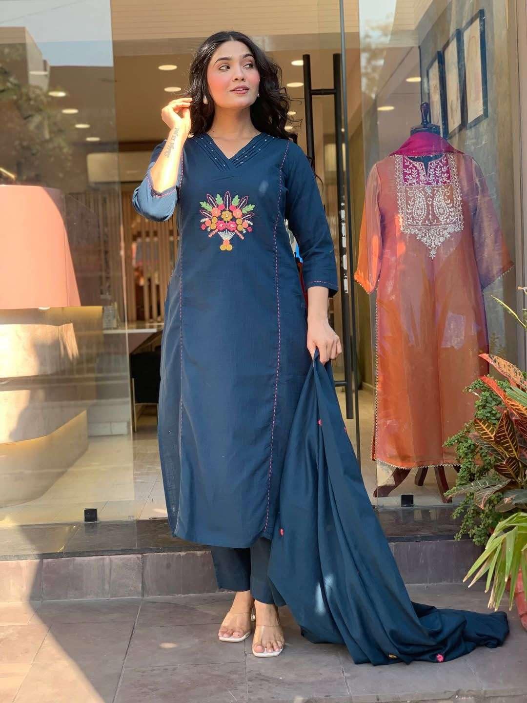 Women's Cotton Embroidered Straight Kurti With Pant And Dupatta Set (Dark Teal Blue)