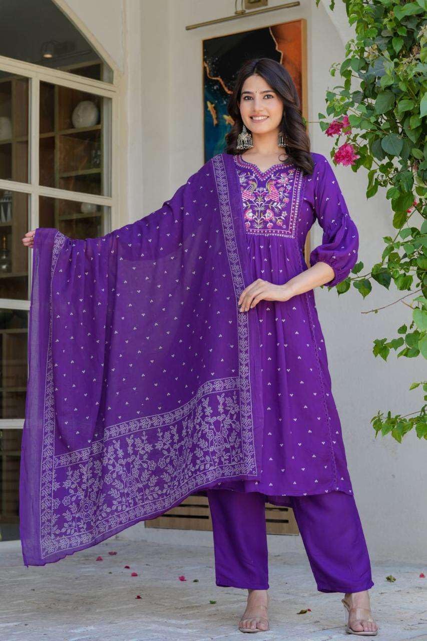 Women's Cotton Embroidered Anarkali Kurti With Pant And Dupatta Set