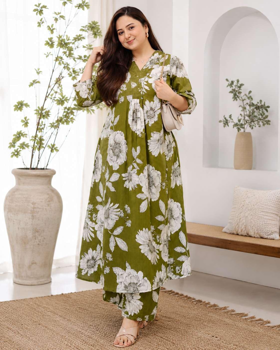 Women's Cotton Floral Printed Straight Kurti With Pant Set
