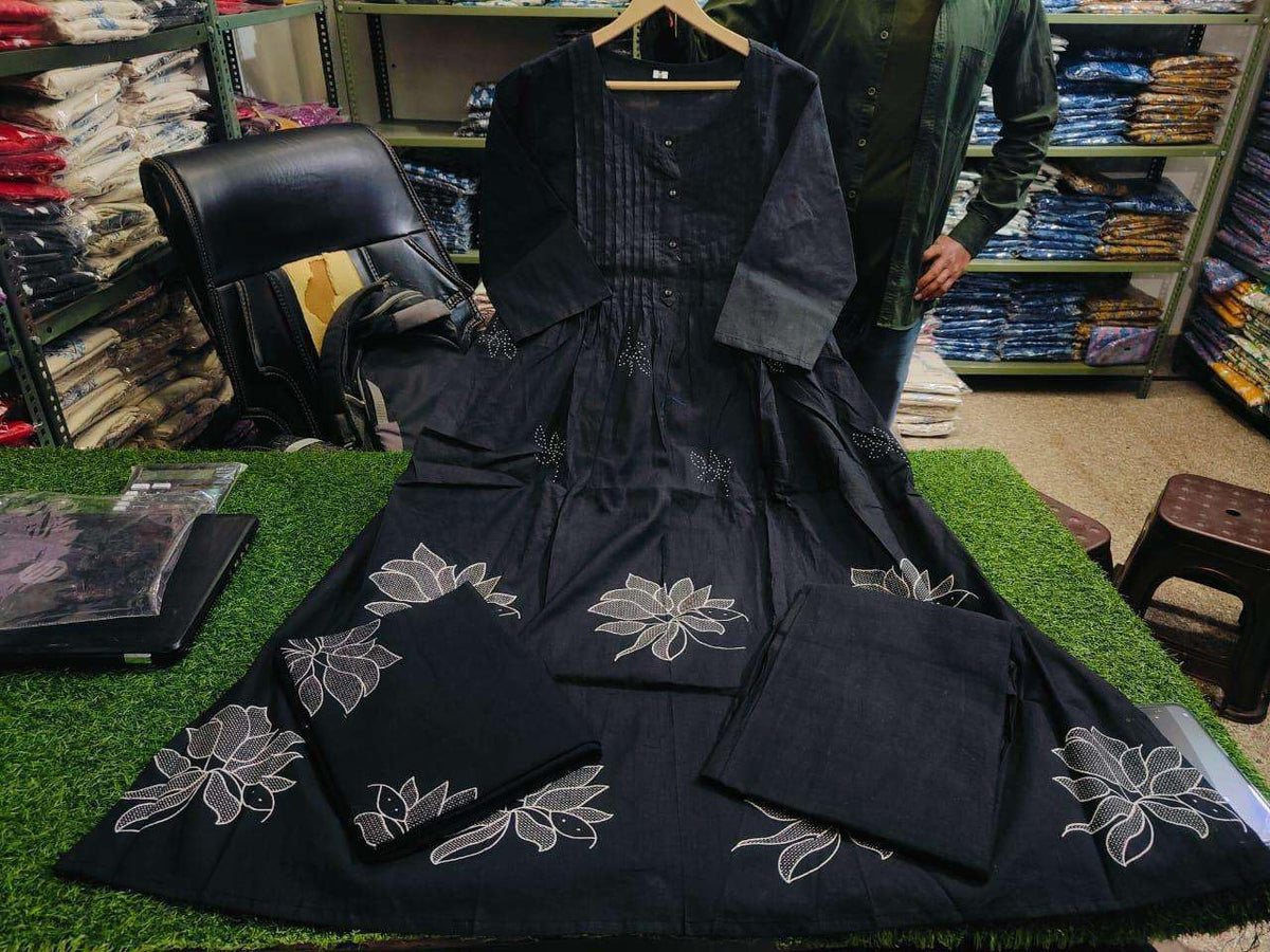 Women's Cotton Embroidery Floral Printed Long Straight Kurti With Pant And Dupatta Set
