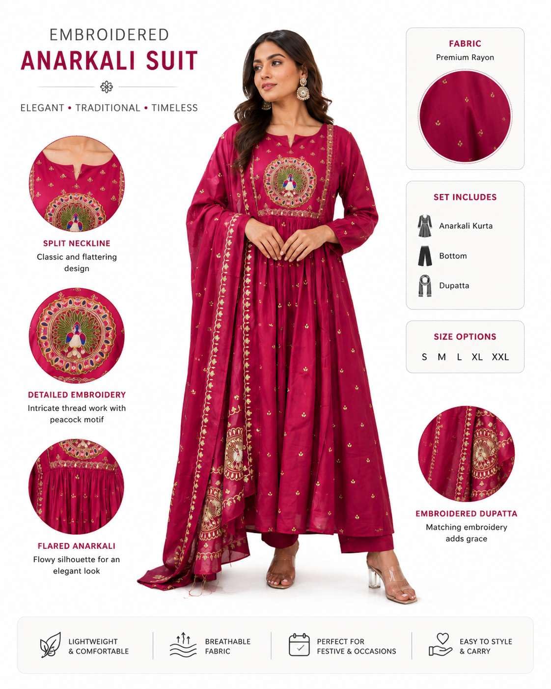 Women's Cotton Embroidered Anarkali Kurti With Malmal Dupatta Set