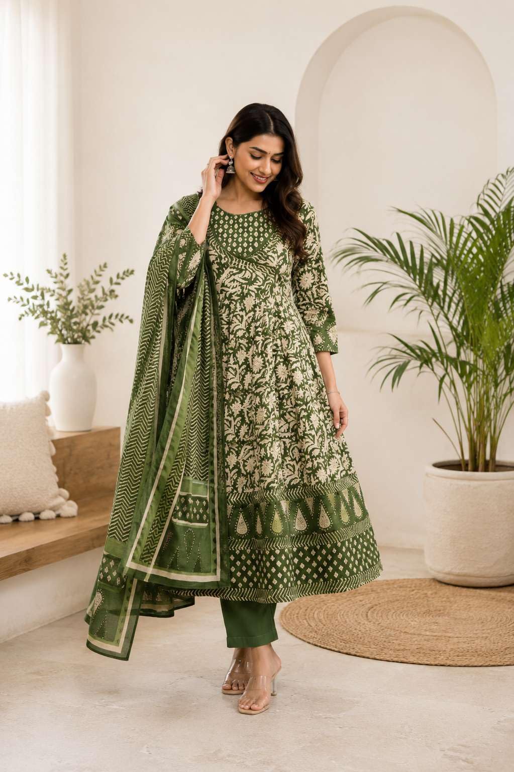 Women's Cotton Floral Printed Anarkali Kurti With Pant and Mulmul Dupatta Set
