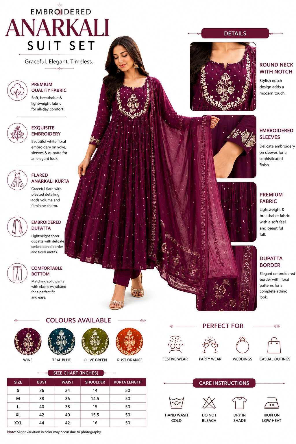 Women's Cotton Embroidery Anarkali Kurti and Pant with Dupatta Set