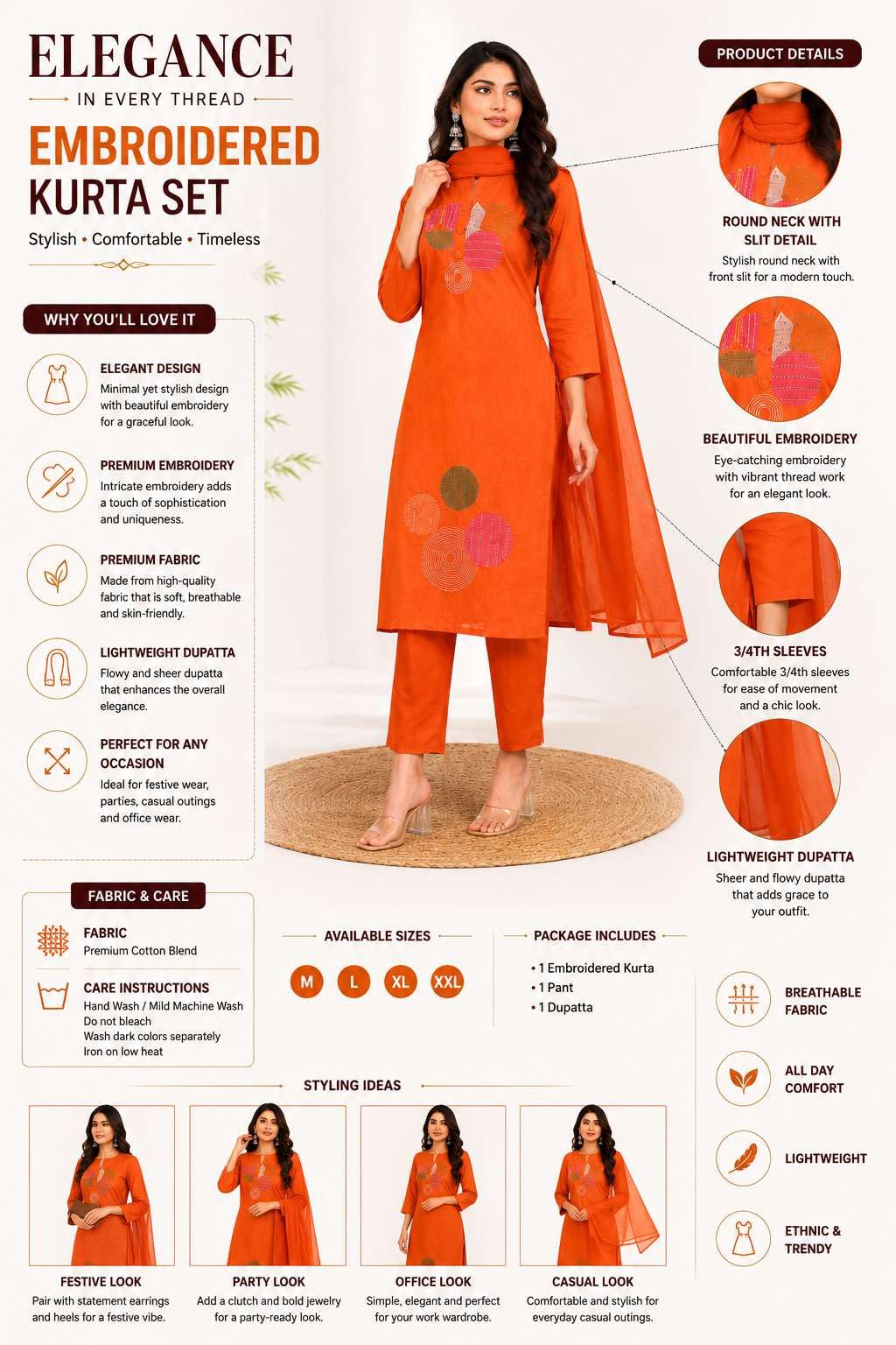Women's Cotton Embroidery Straight Kurti With Pant Set