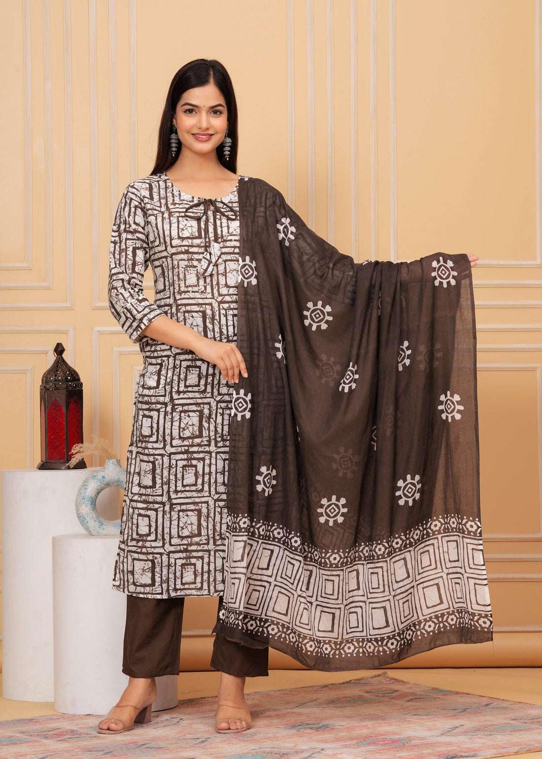 Women's Cotton Hand Block Printed Straight Kurti with Pant and Printed Dupatta