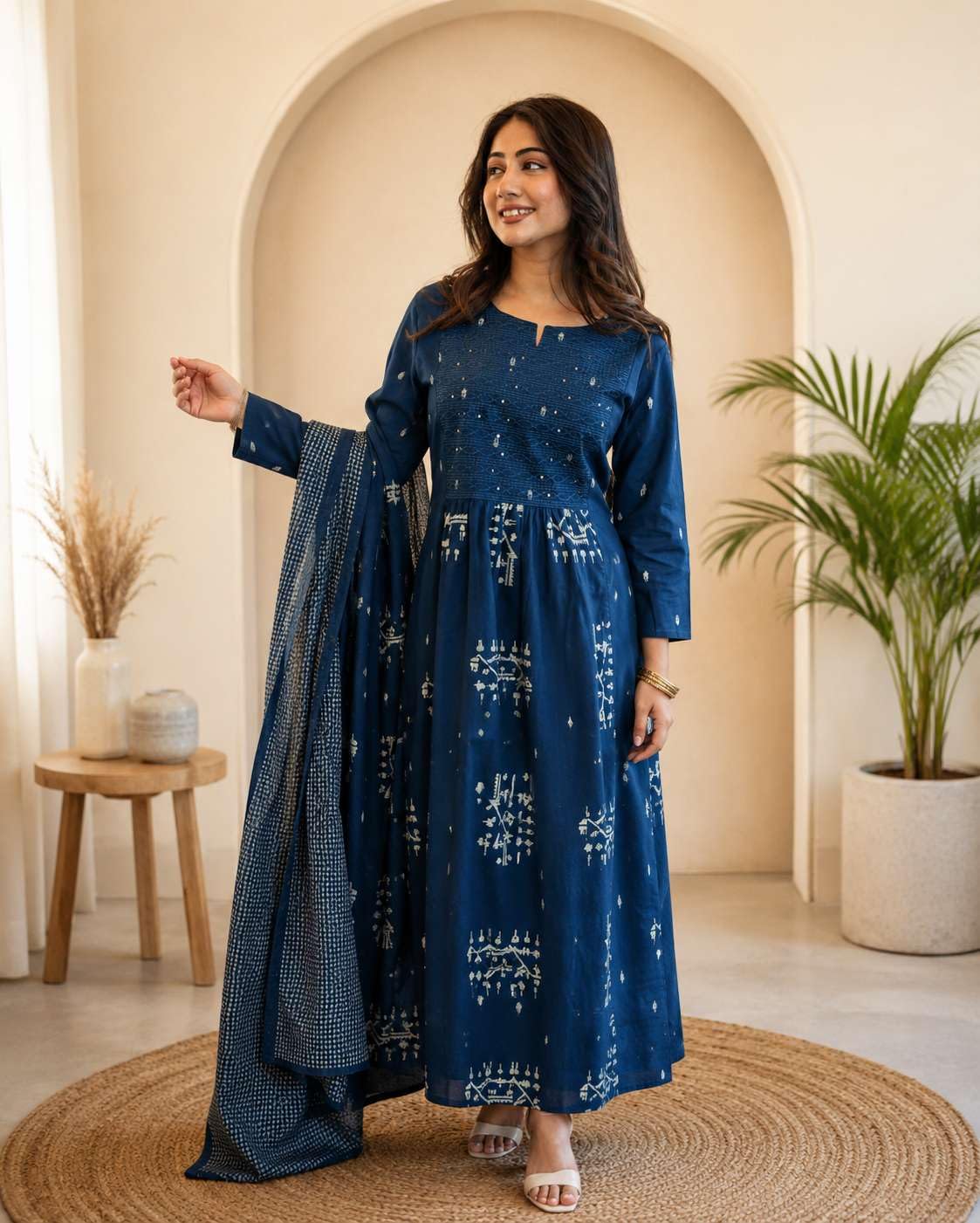 Women's Cotton Embroidered Anarkali Kurti With Pant Set