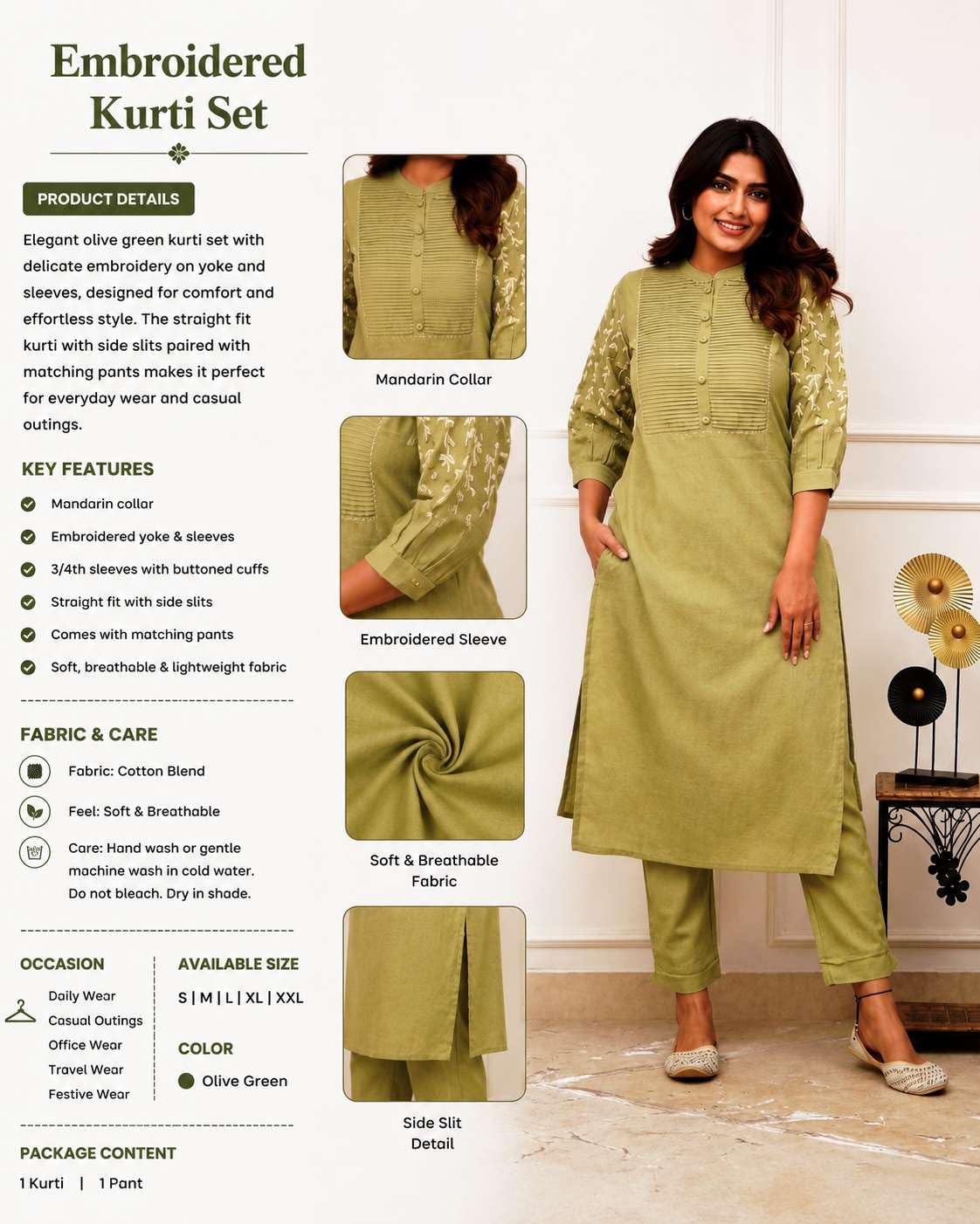 Women's Cotton Delicate Embroidery Straight Fit Kurti With Pant