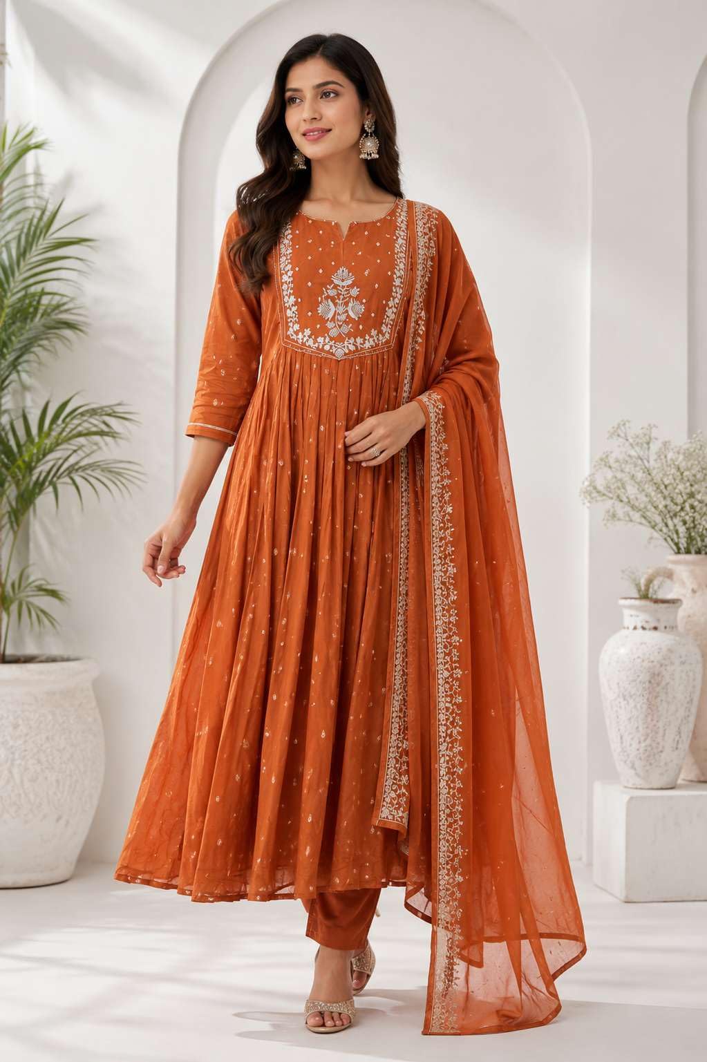 Women's Cotton Embroidery Anarkali Kurti and Pant with Dupatta Set