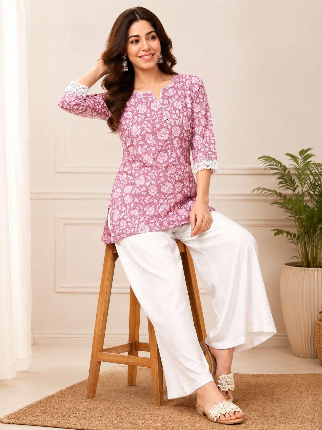Women's Rayon Floral Printed Straight Short Kurti Set